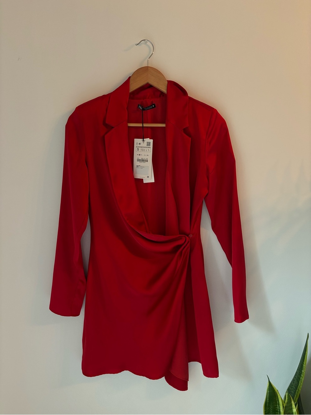 Zara Red Satin Wrap Long-Sleeve Mini Dress